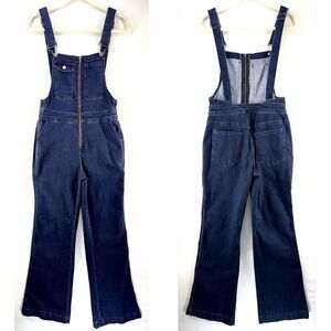 Womens Dark Wash Denim Zip Front Overalls Flare Sz S 70s Retro Festival Tradwife